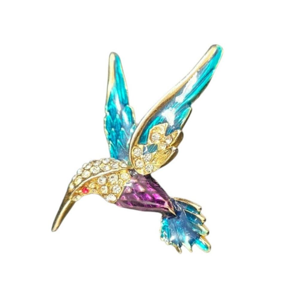 Multicolor Hummingbird Brooch Pin Blue Purple Gold Rhinestone Enamel